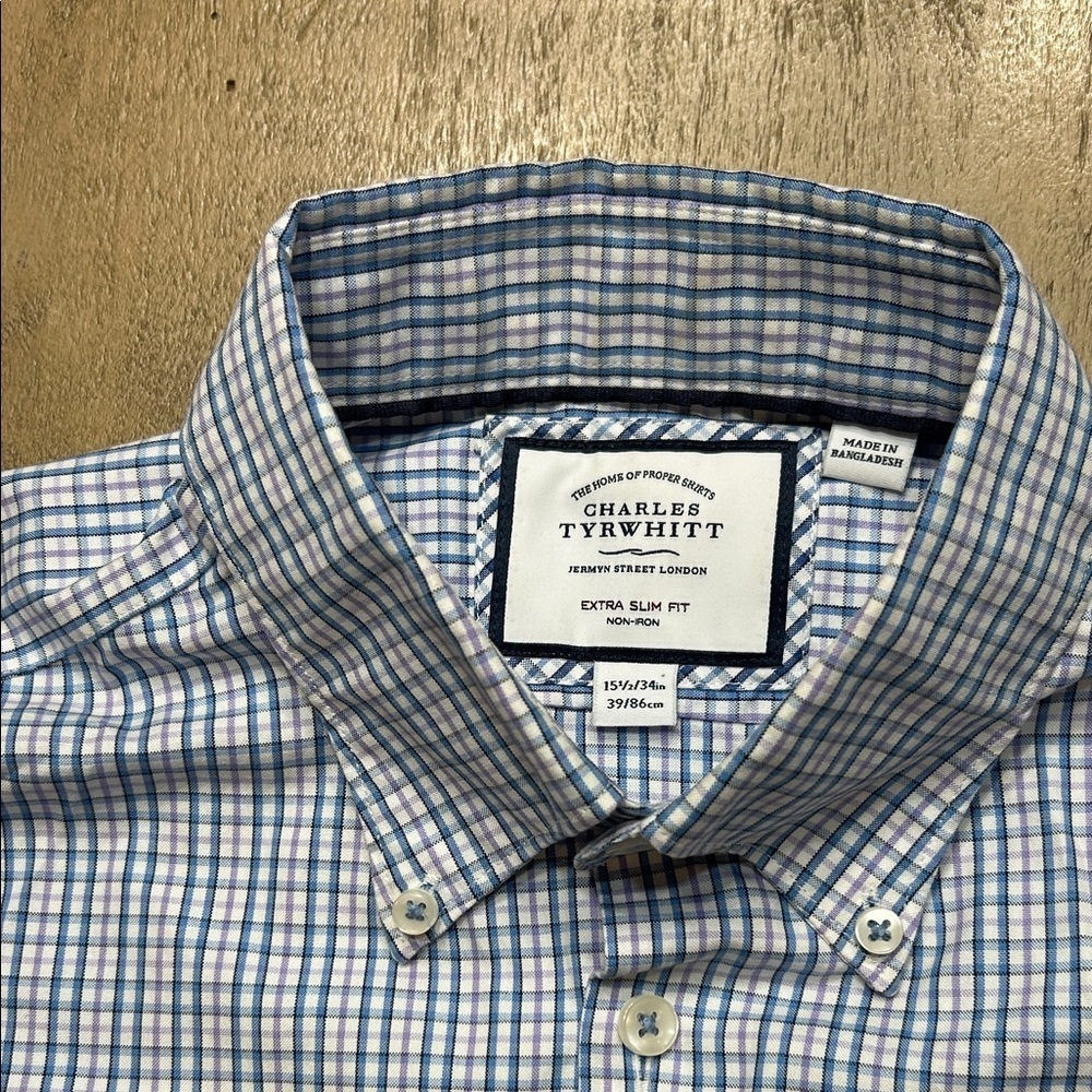 Charles Tyrwhitt White and Blue Plaid Men's Shirt